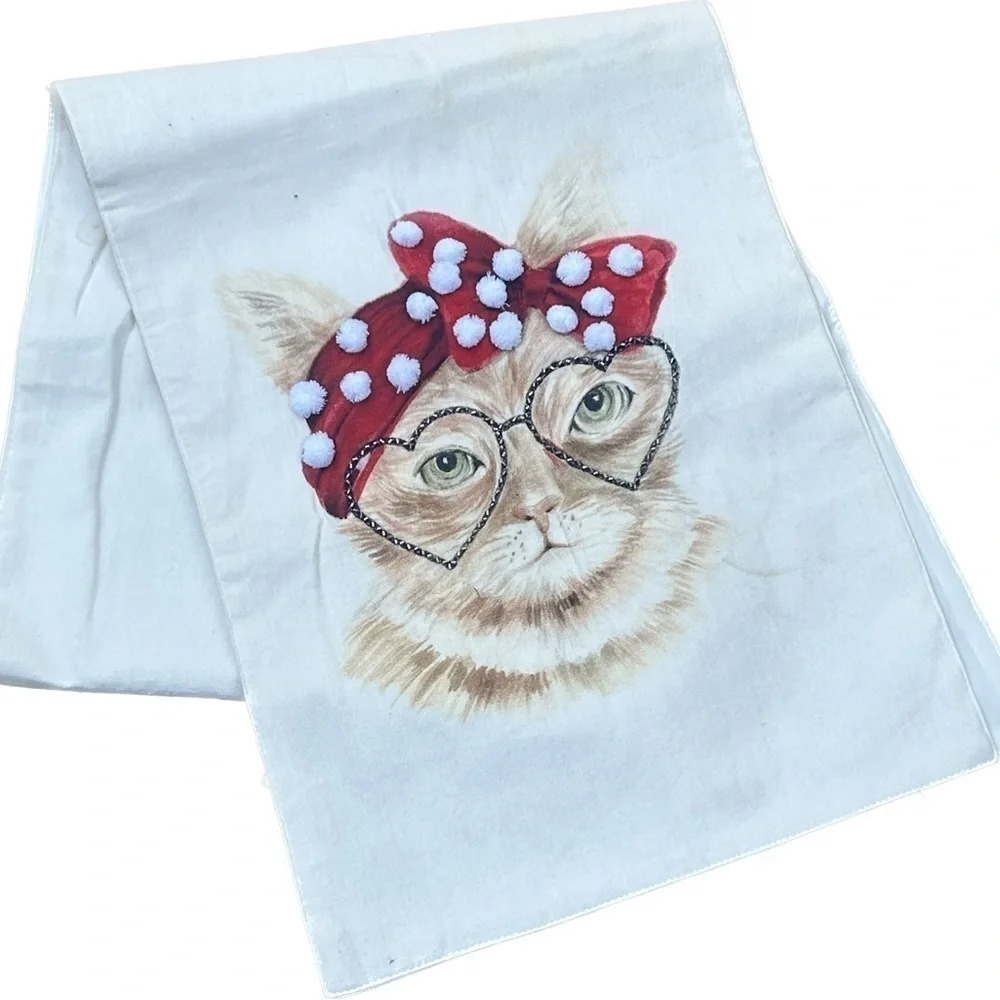Funky Grandma Kitty Cat with Heart Glasses Pom Poms Table Runner